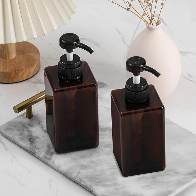 Plastic Pump Bottle Refillable Lotion Soap Dispenser 15oz Amber 2 Pack | Sturdy - Image 2