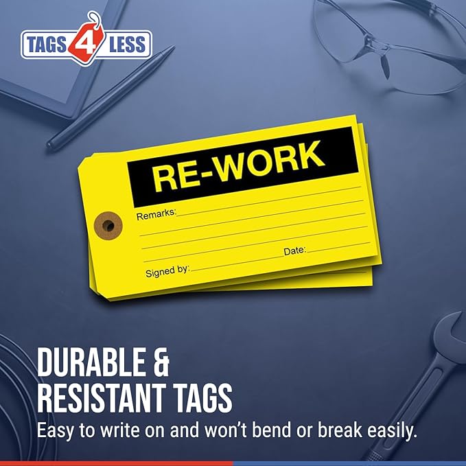 Tags 4 Less Production Quality Control Hang Tags – Equipment Preventative Maintenance Labels, for Easy Record-Keeping for Inventory Status (Re Work, Pack of 100)