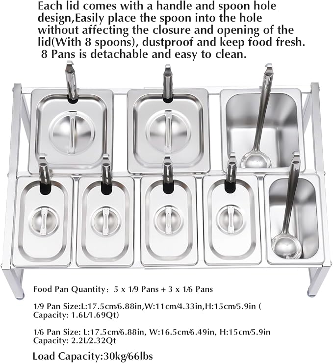 20"Pizza Topping Station with 8 Pans& Lids, Stainless Steel Food Pans Condiment Dispenser Food Container Countertop Spice Rack Organizer Holder for Seasoning Sauce Salad Jam Fruits Ingredients