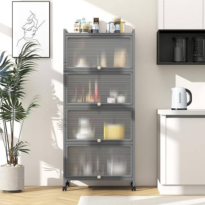 Giantex 5-Tier Kitchen Storage Cabinet, Mobile Microwave Stand with Flip-up PC Doors, Freestanding Kitchen Bakers Rack with 4 Rolling Casters, for Dining Room, Living Room and Study, Grey