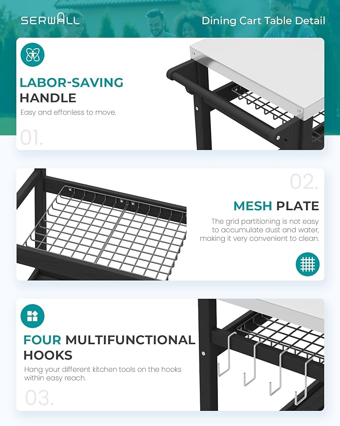 SERWALL Outdoor Grill Cart Table with Three Tier Storage Shelves, Movable Prep Cart, Weather-Resistant HDPE Material, Dining Cart Table for Outdoor Cooking, Four Hooks, Black