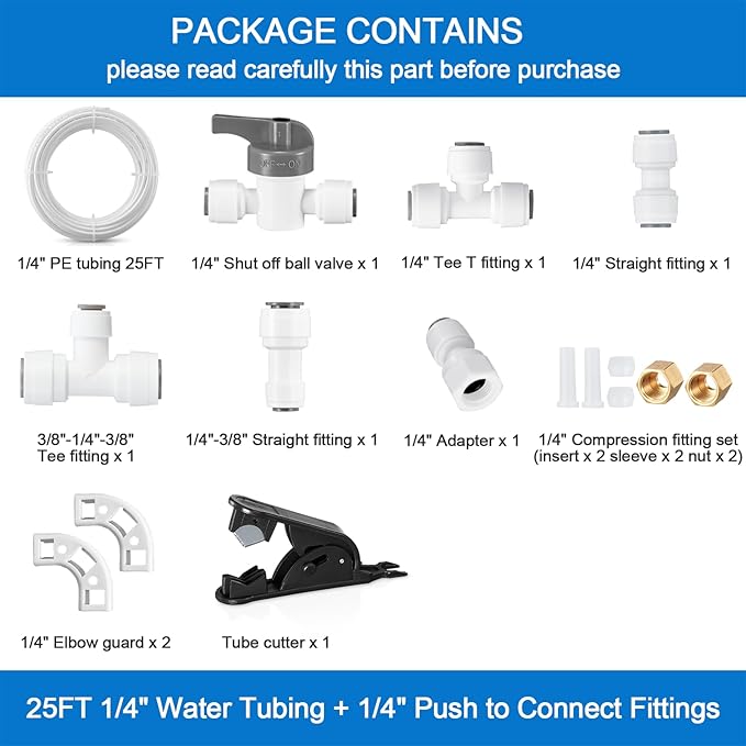 Refrigerator Water Line Kit - Food Grade Ice Maker Fridge Installation Kit,1/4" O.D.25 FT Water Tubing with Quick Connect Fittings for Refrigerator,Ice Maker,RO(Reverse Osmosis) Filter System