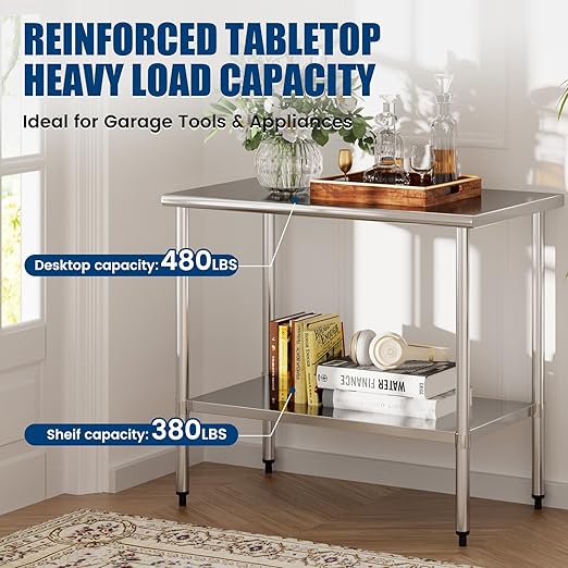 Stainless Steel Work Table 24 x 48 Inch with Adjustable Undershelf, Heavy-Duty Metal Prep Table for Commercial Kitchen & Restaurant, Garage, Outdoor