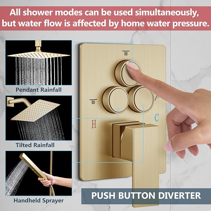 Aolemi Shower Faucet Set Ceiling Mount Shower System Rough-in Valve and Shower Trim Kit 2 in 1 Handheld Spray Push Button Diverter 10 and 6 Inch Dual Shower Head Brushed Gold