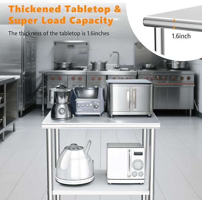 ROVSUN 30'' x 24'' Stainless Steel Table for Prep & Work,Commercial Worktables & Workstations, NSF Heavy Dut Metal Table with Adjustable UnderShelf & Backsplash for Kitchen, Restaurant,Home,Hotel