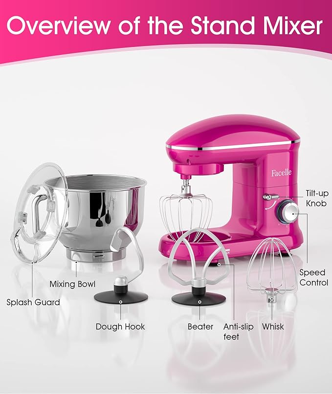 Facelle Stand Mixer, Electric Kitchen Mixer, 660W 6 Speed Tilt-Head stand mixer with Pulse, Attachments include 6.5QT Bowl, Dishwasher Safe Beater,Dough Hook,Whisk for Dough,Baking,Cakes,Cookie-Purple