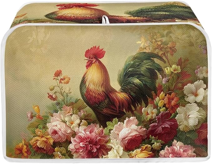 UNICEU Rooster Floral Print Toaster Cover 2 Slice Small Kitchen Appliance Covers Bread Machine Protection with Top Hook
