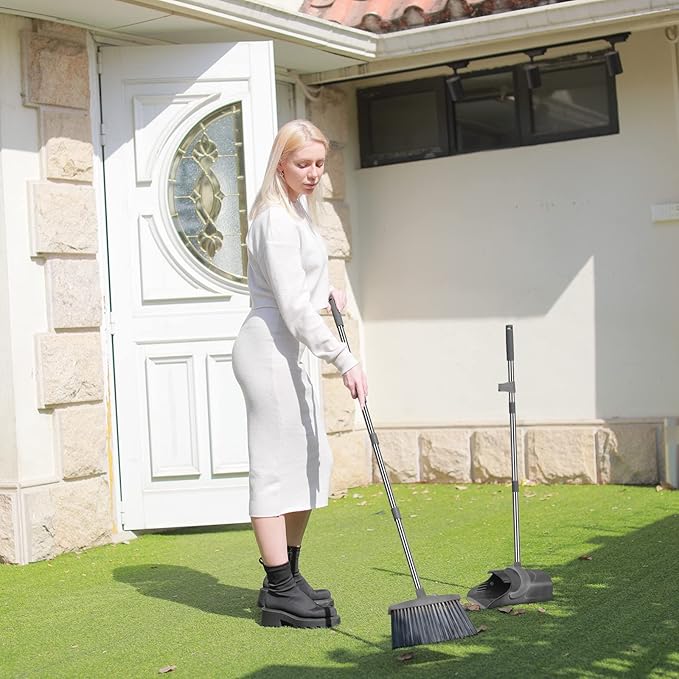 Broom and Dustpan Set, Dust pan with Long Handle, Broom with Dustpan Combo Set, Broom and Dustpan for Home, Indoor or Outdoor Cleaning Tool (Deep Gray&Light Gray)