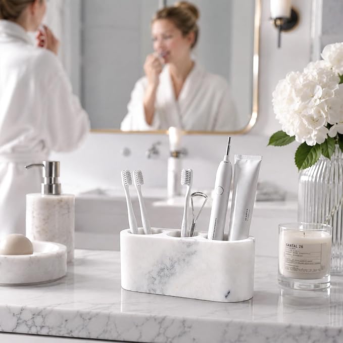 BCS Toothbrush Holder for Bathrooms, 3 Slots Marble Toothbrush Organizer - Image 7