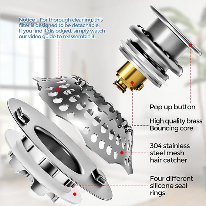 zaa 2 in 1 Bathtub Drain Stopper & Hair Catcher Pop-Up Plug | Upgraded Silver - Image 4