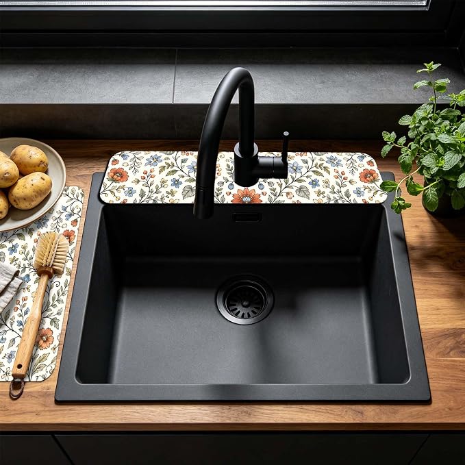 3 Pcs 2 Size Kitchen Sink Splash Guard Faucet Mat Wildflower Pattern Faucet Mat - Image 6