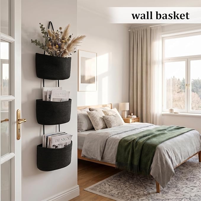 TeoKJ Over the Door Hanging Basket, 3-Tier Woven Cotton Wall-Mounted Storage - Image 3