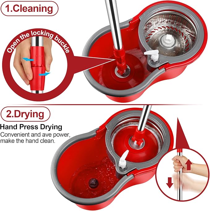 Spin Mop and Bucket with Wringer Set, 3 Microfiber Mop Heads - Image 4