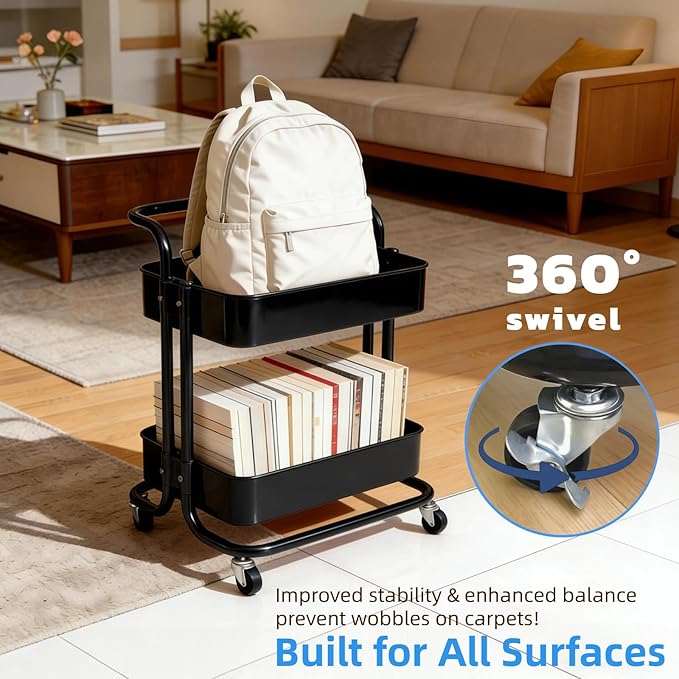 2 Tier Rolling Utility Cart with Wheels All-Metal Short Pantry Cart Under Desk Storage Trolley with Handle, Small Rolling Storage Shelf for Small Space Kitchen Laundry Room Bathroom, Black