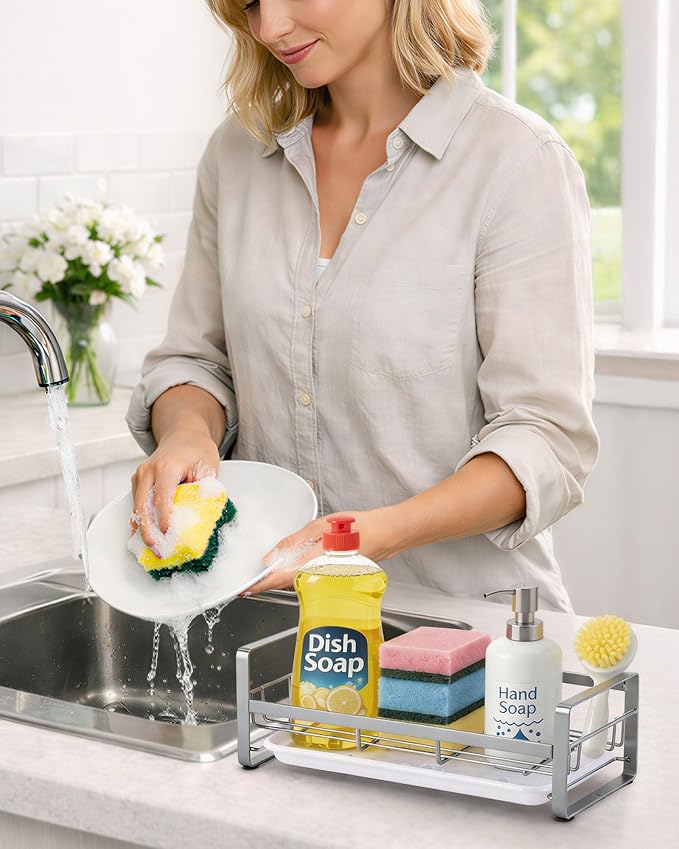 HULISEN Large Kitchen Sponge Holder, 304 Stainless Steel Sink Caddy - Image 3