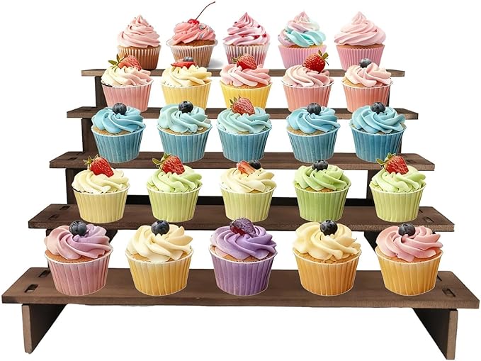 5 Tier Cup Cake Stand - Rustic Wooden Cupcake Stand, Tiered Wood Riser Display Stands, Multi-Functional Uses - as Dessert Stands, Vendor Display Shelves, Spice Rack, Easy to Install