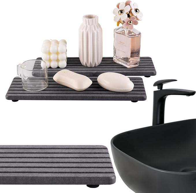 2 PCS Water Absorbent diatomite Coasters, 12.2" x 4" Water Absorbing Stone Tray for Sink, Stone Drying mat for Kitchen Counter, Stone soap Tray Used for Hand Soaps & toiletries & Plants