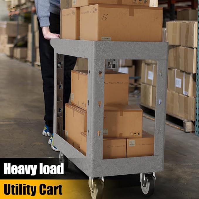 2-Shelf Heavy Duty Utility Cart with Wheels, 34 x 17-Inch Plastic Rolling Tool Cart, 550 lbs Capacity Mechanic Work Cart for Garage,Warehouse,Workshop