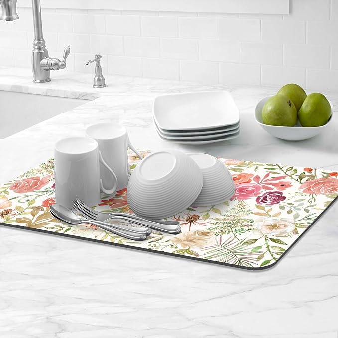 LOKHOM 12"x20" Dish Drying Mat，Pink Floral Coffee Mat | Pink Roses Petals Prints - Image 8