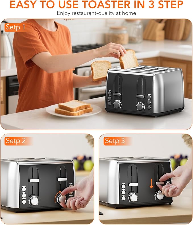 Cowsar Toaster 4 Slice Retro Stainless Steel, Compact 4 Slice Toaster with Extra Wide Slots for Toasting Bread, Bagel, Cancel/Bagel/Defrost Function, Toast Boost, 6 Shade Settings