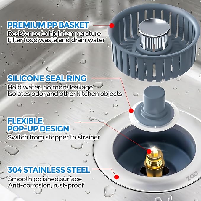 zaa 3 in 1 Kitchen Sink Drain Strainer Stopper Removable Basket Pop-Up - Image 6