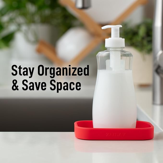 Zulay Kitchen Small Silicone Sponge Holder (4.9x3.3”) – Space-Saving Sink Organizer Tray for Sponge, Soap, Brush & More – Compact Non-Slip Dish for Kitchen & Bathroom (Red)