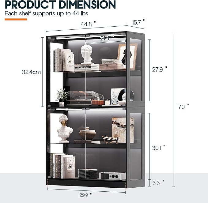 AMERLIFE RGB Display Cabinet with Adjustable Glass Shelves, 4-Tier Storage Case with LED Lights & Press-to-Open Doors, Modern Display Shelf for Collectibles, Black 70" H×45" L×16" D