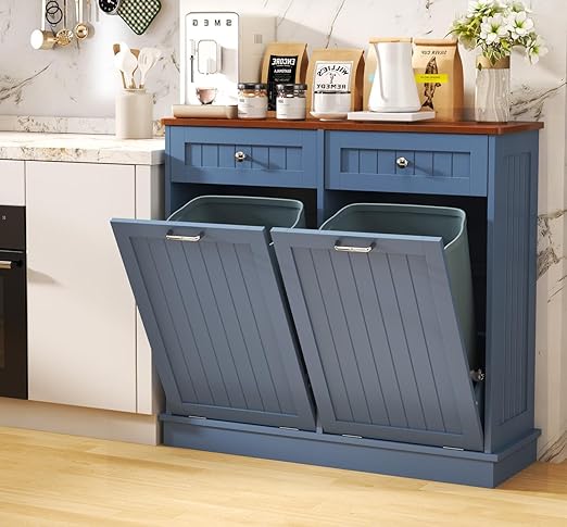 Tilt Out Trash Can Cabinet with Double Hidden Trash Bin Holder, Kitchen Free Standing Recycling Cabinet,Dog Proof Trash Can,Wood, Blue