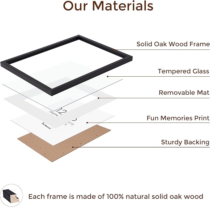 Fun Memories Black 12x16 Picture Frames, Solid Oak Wood Frame 12 by 16 Set of 3, Black Wood Frame with Mat & Tempered Glass, Matted to 8.5x11, Oak Wood Minimalist 12x16 Poster Frames