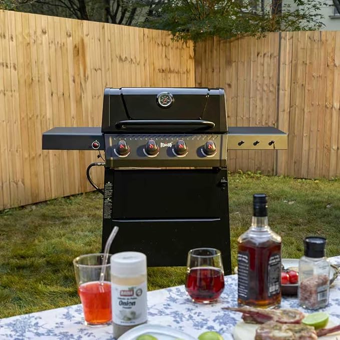 4 Burner Gas Grill, 36,000 BTU Outdoor BBQ Grill with Side Table for Outdoor Cooking & Backyard Barbecue, Premium Enameled Coated Chamber Body with Porcelain-Enameled Grates, Black