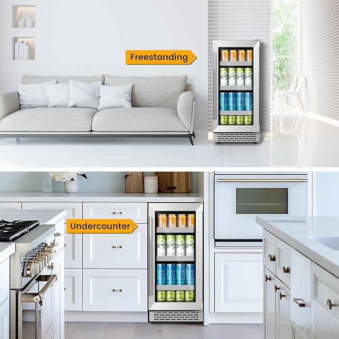 15 Inch Beverage Refrigerator,130 Cans Under Counter Beverage Fridge with Glass Door for Soda Beer Water, Freestanding Reversible Door Beverage Cooler Refrigerator for Home&Kitchen