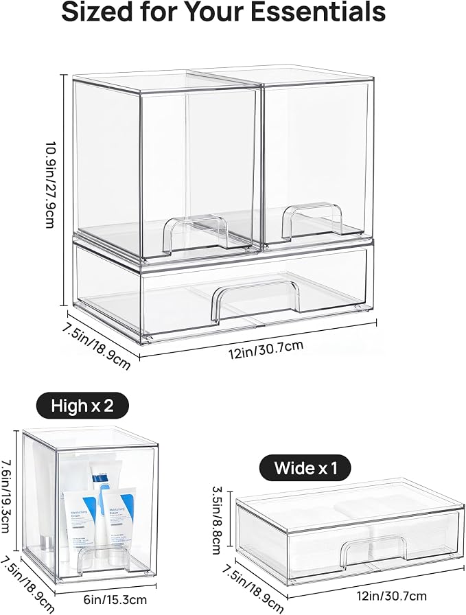 Vtopmart Clear Stackable Storage Drawers Set of 3, Plastic Organizer Bins | - Image 2