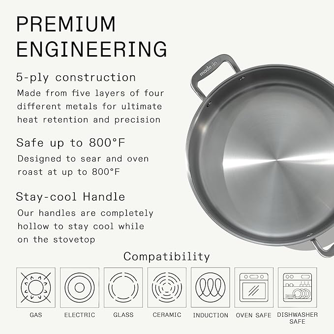 Made In Cookware - 10 Quart Stainless Steel Rondeau Pot w/Lid - 5 Ply Stainless Clad - Professional Cookware - Crafted in Italy - Induction Compatible