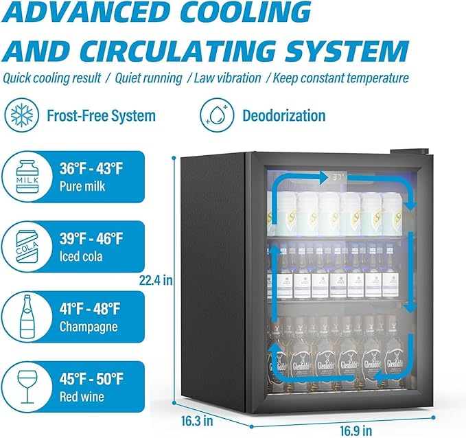 Stopasd Beverage Refrigerator Cooler, 1.6 Cu.Ft/70 Can Drink Fridge with Adjustable Shelves & Glass Door for Soda Wine Beer, Quiet Undercounter Small Fridge for Home/Office/Bar/Garage(37°-61℉), Black