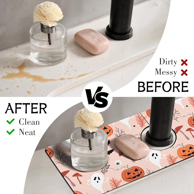 Halloween Kitchen Sink Splash Guard Faucet Mat, Pumpkin Plants Ghost Bat - Image 3