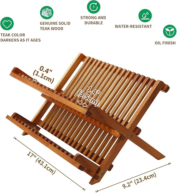 Utoplike Teak Wood Dish Drying Rack, Foldable Plate Organizer Countertop | - Image 4