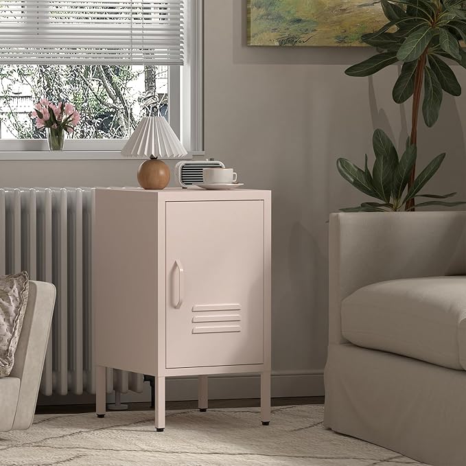 Metal Cabinet,Locker Nightstand with Shelf,Metal Storage Locker,Steel Bedside Storage Cabinets for Living Room Bedroom,Pink