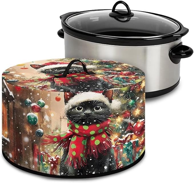 Black Cat Christmas Tree Print Slow Cooker Dust Cover with Top Handle Kitchen Gadgets Dust-Resistant Rice Cooker Cover Keep Kitchen Clean with Pocket for Accessories Christmas Decor