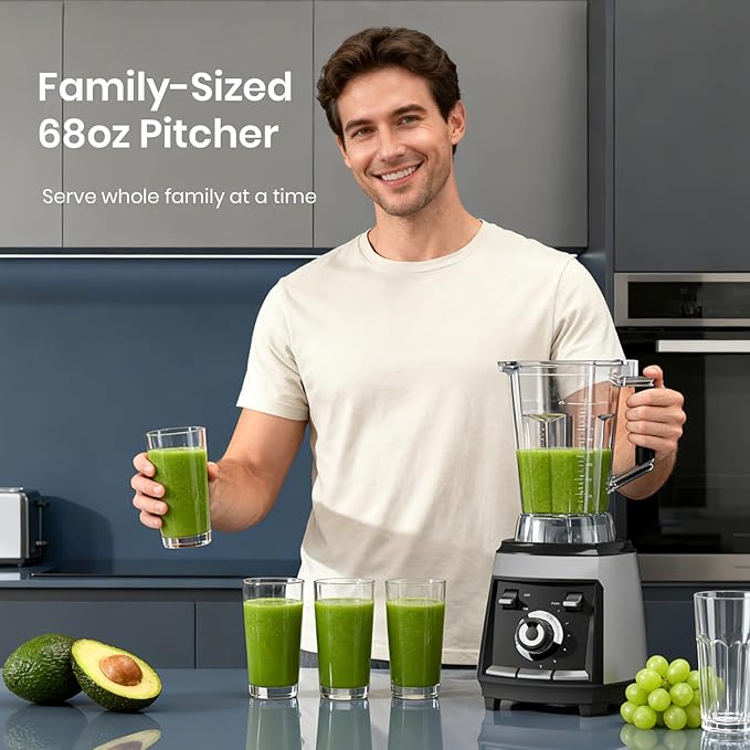Blenders for kitchen, 1800W Smoothie Blender, Professional High Speed Countertop Blender with Stainless Steel Blades, 68-oz. Pitcher Ice Crushing & Frozen Fruit, BPA Free, Silver