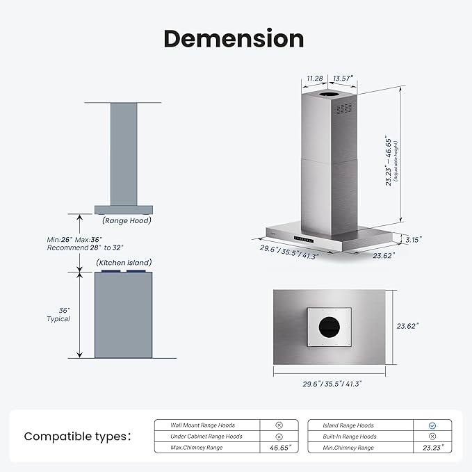 Island Range Hood 42 Inch, 980 CFM Island Mount Range Hood with Dual-Sided Touch/Gesture Control, Ceiling Mount kitchen Hood, Convertible Ducted/Ductless, 3-Speed Fan&4 LED Lights, 4 Baffle Filters