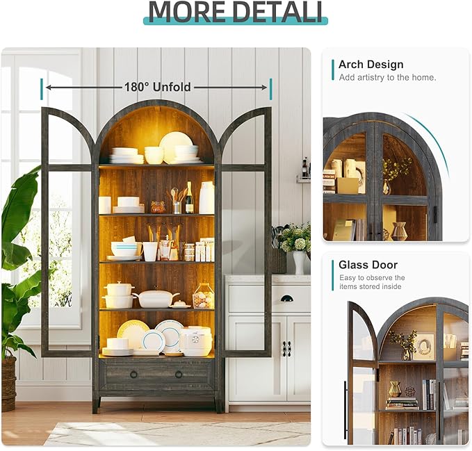 Lvifur 73" Tall Arched Display Cabinet with Glass Doors,4-Tier Storage Cabinet with Human Body Sensor,LED Curio Cabinets with 3 Color Lights for Collectibles,Ajustable Shelf for Toys, Books,Brown