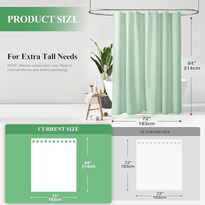 Dynamene Extra Long Waffle Shower Curtain 256 GSM Fabric 72"x84" Mint Green - Image 2