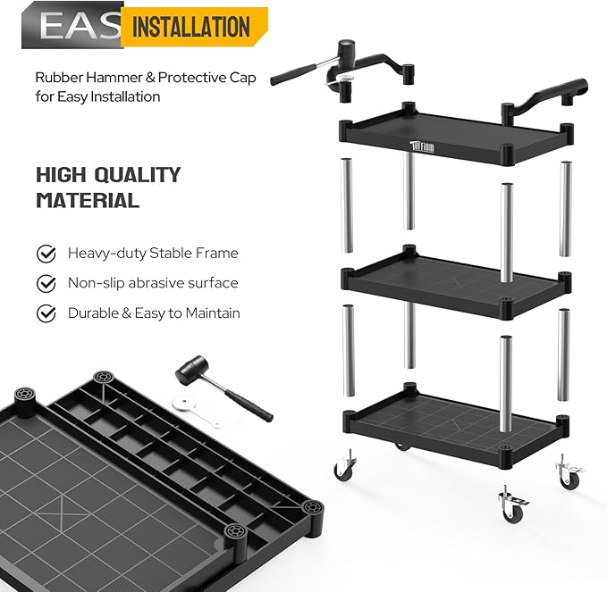 TUFFIOM 3-Tier Plastic Service Utility Cart with Wheels, Heavy Duty 390lbs Capacity, Commercial Rolling Ideal for Restaurant, Foodservice, Office, Warehouse, Black 34.8''L x 17.4''W x 38.6''H