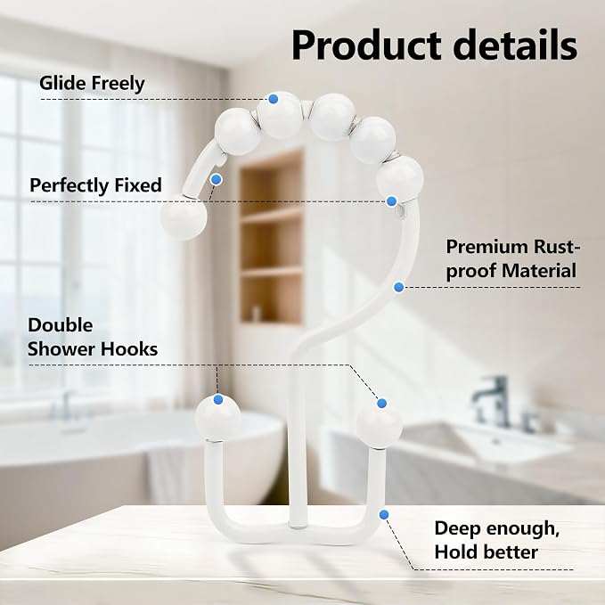 Resze Shower Curtain Hooks, Metal Double Shower Curtain Rings - Image 3
