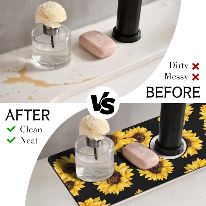 Vintage Black Sunflowers Kitchen Sink Splash Guard Faucet Mat, Faucet Non-Slip - Image 3