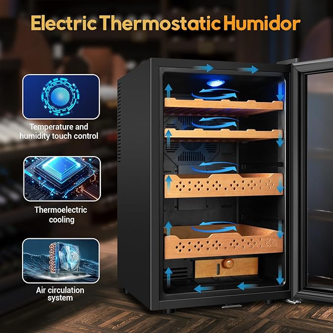 70L Electric Humidor – Large Capacity 400 Count Electric Humidor Cooler | Smart Temperature & Humidity Control | Spanish Cedar Wood Shelves, Digital LED Screen & Safety Lock | Gift for Men