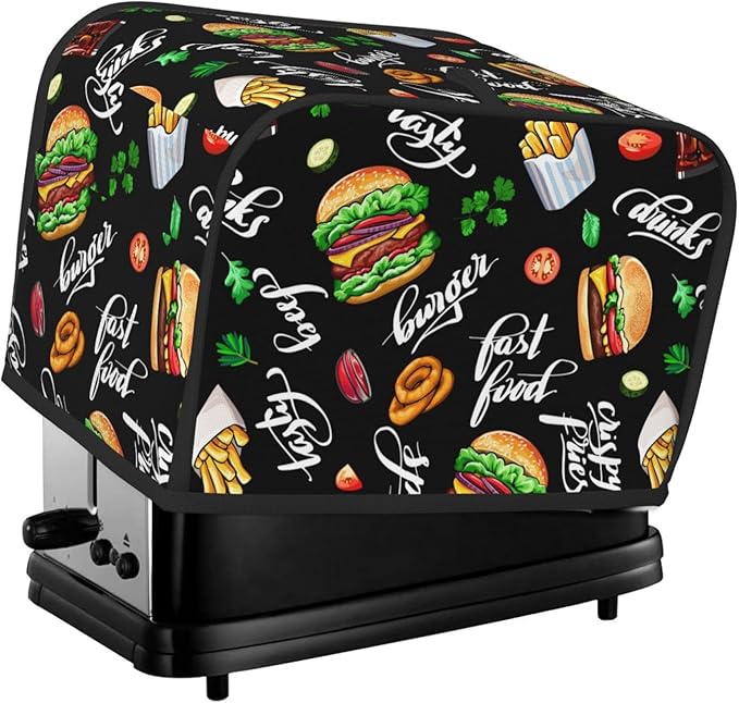 Funny Hamburger Fast Food 2 Slice Toaster Cover, Waterproof Toaster Dust Cover Bread Maker Protective For Small Kitchen Appliance Dining Room Home Table Decor Gifts