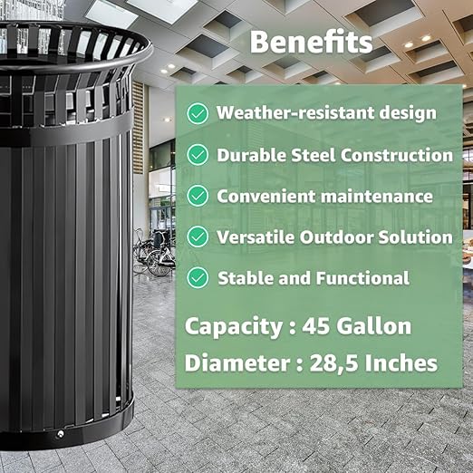 45 Gallon Commercial Black Waste Bin with Flat Lid, Heavy-Duty Outdoor Trash Can Steel Slatted, Round Recycle Container, Durable Garbage Can for Parks, Municipalities, Schools, Parking