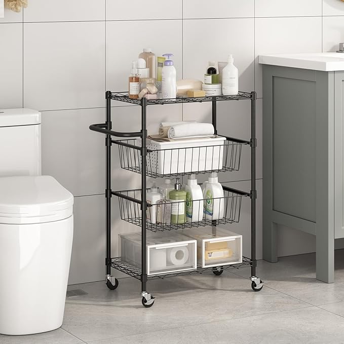 4-Tier Rolling Storage Cart with Adjustable Shelves & Baskets, Metal Utility Cart with 110lbs Capacity, Tool-Free Assembly for Kitchen, Bathroom, Living Room, Office, Black