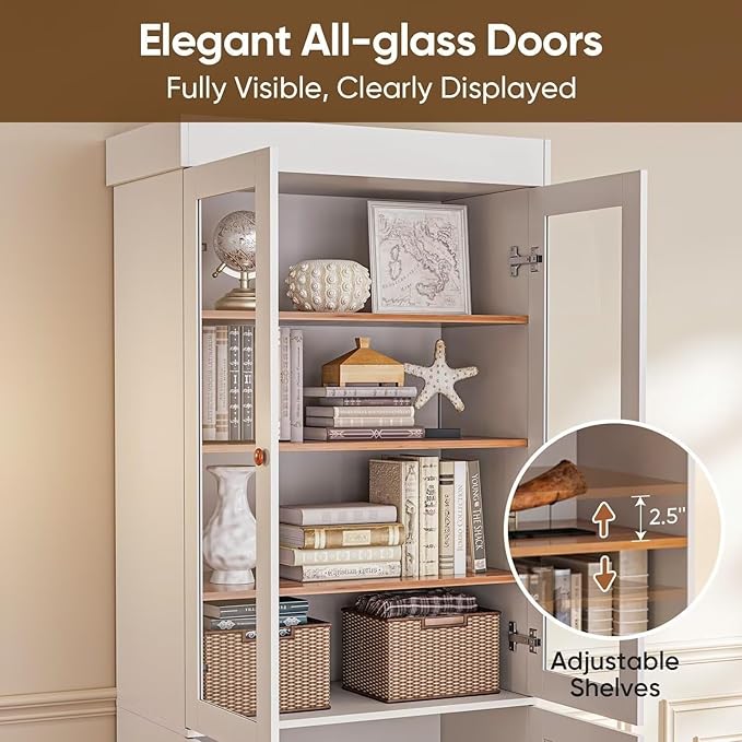 Vyre 71" Tall Farmhouse Kitchen Pantry, Set of 4 Large Storage Cabinets with Glass Doors, Adjustable Shelves, Wood Versatile Hutch Cabinet for Living Room, White